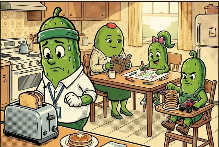 Dawn in the kitchen: Dill in a crisp new shirt and lanyard stares at his reflection in the toaster while Olive checks the family planner, Cori draws at the table, and Bud stacks pancakes like construction blocks.