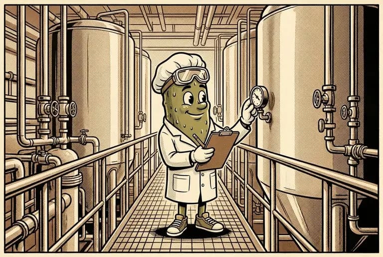 Flashback panel in sepia: young-adult Dill in a lab coat and goggles alone among giant gleaming brine tanks, clipboard in hand, precise and content and slightly walled-off.