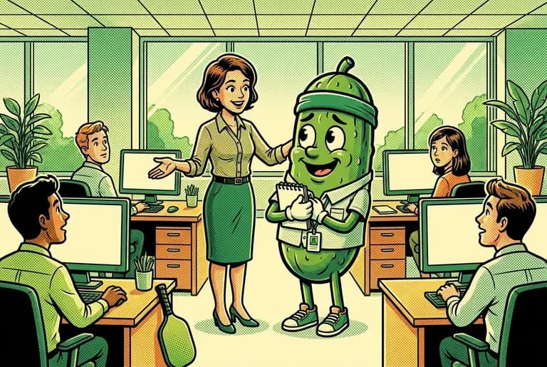 The new office: a bright open-plan sales floor where a friendly manager waves Dill toward a desk, coworkers glancing up with curiosity, Dill clutching his notebook like a shield.
