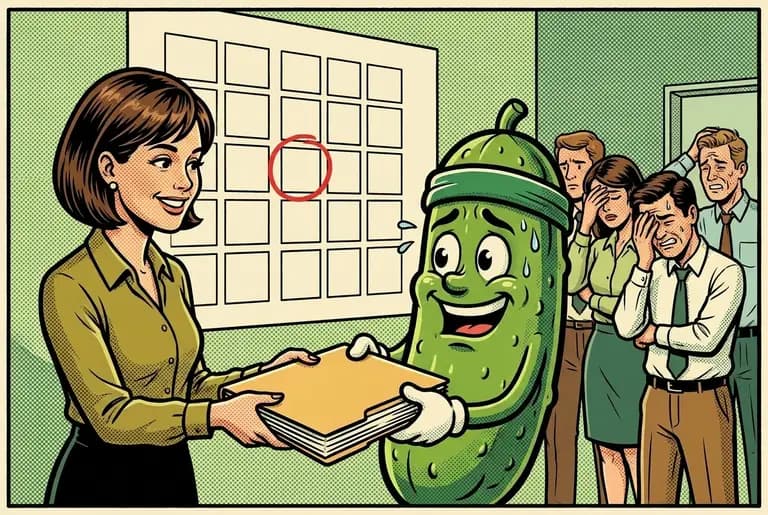 The assignment lands: the manager hands Dill a folder as a wall screen shows a big client meeting slot for Friday; Dill's face cycles through honor and terror.