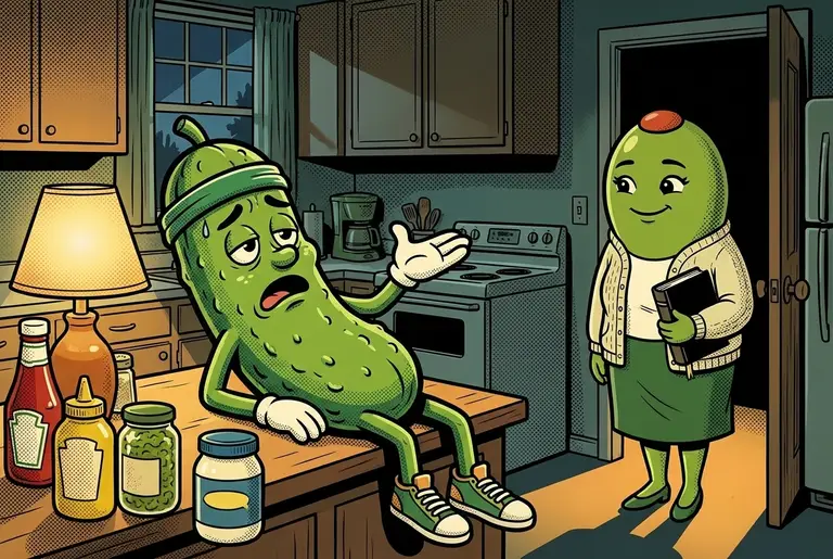 That night in the dim kitchen, Dill rehearses to a lineup of condiment jars and slumps; through the window glow, Olive watches from the doorway with the family Bible under her arm.