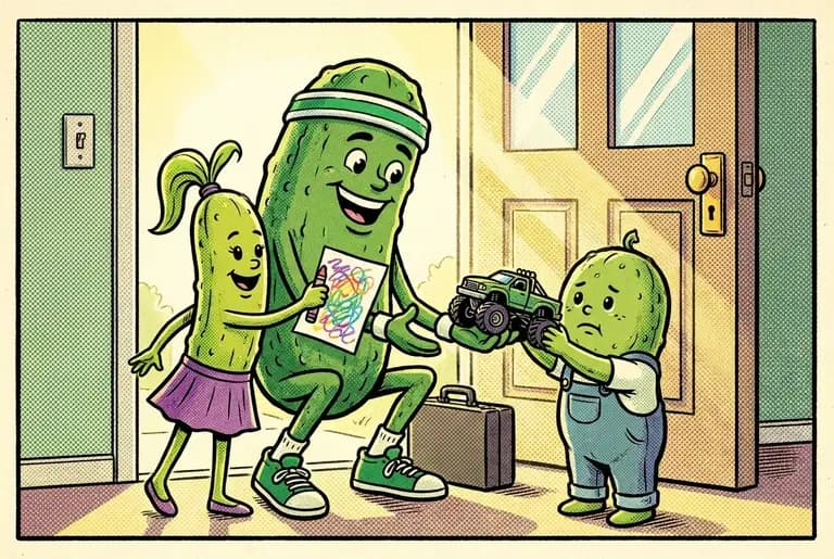 Morning of the pitch: at the front door Cori presses a crayon drawing into Dill's hand — a stick-figure Dill with a huge smile and a sun — while Bud solemnly offers his monster truck.