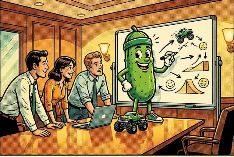 Dill sets the toy monster truck on the conference table and talks like himself at last — animated, warm, reading the room — sketching the product story on the whiteboard as clients lean in, one smiling despite herself.