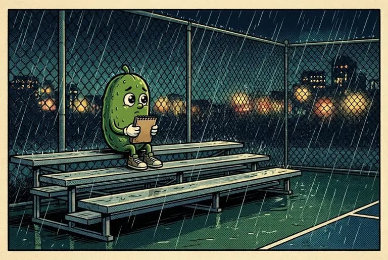 Night rain over an empty pickleball court; tiny young Dill sits alone on the highest bleacher row, knees hugged, watching the storm, city lights far beyond the fence.