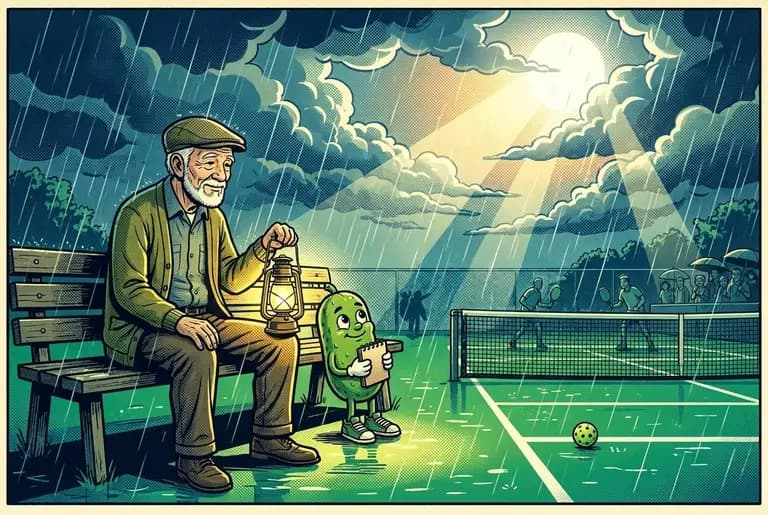 The storm breaks open to rays of light over the court as young Dill and the groundskeeper watch from the bench, the lantern still glowing.