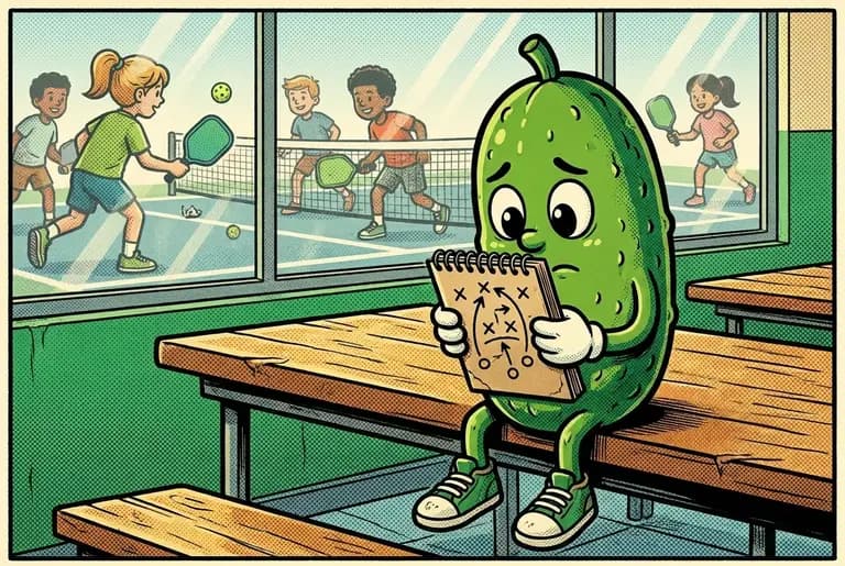 Young Dill alone at a lunch table drawing pickleball plays and diagrams in a worn notebook, arrows and Xs everywhere, one eye on the far-off kids playing.