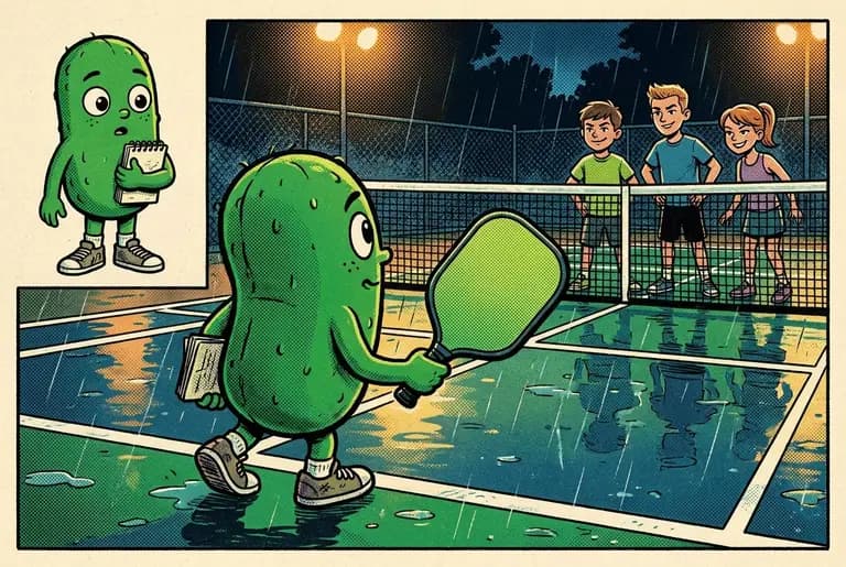 Dusk on a public court: young Dill steps up to the baseline with his notebook and a paddle while older kids smirk from the opposite side of the net.