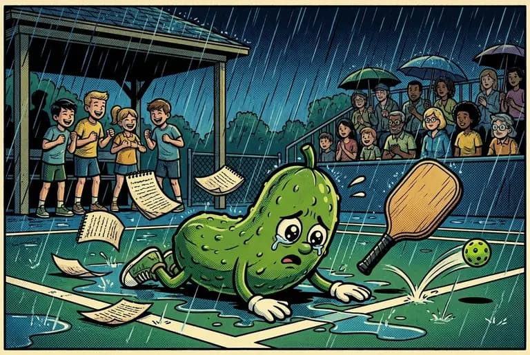 The rally goes wrong: young Dill sprawled on the court, paddle bounced away, ball rolling off, older kids laughing while rain begins to fall.