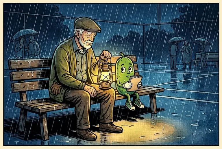 An elderly groundskeeper with a lantern discovers rain-soaked young Dill on the bleachers at night and, saying nothing, sits down beside him on the wet bench.