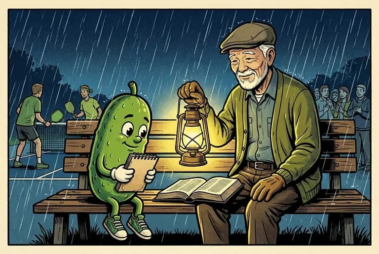 Under the groundskeeper's lantern, an old Bible lies open on the bench between them; young Dill leans in despite himself, rain easing, warm light on both faces.