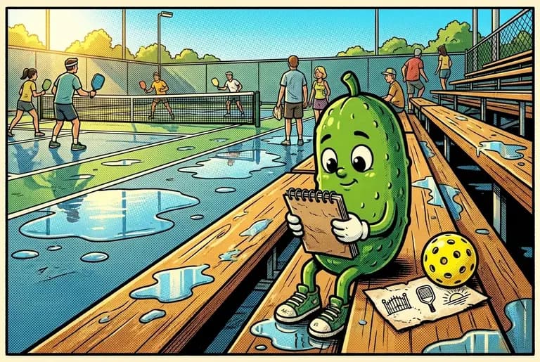Morning after the storm: young Dill returns to the bleachers clutching his rescued, rain-warped notebook and finds a hand-drawn invitation card tucked under a pickleball on the bench.