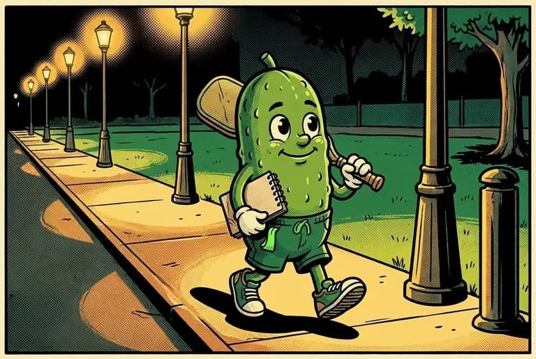 Night: young Dill walks home under the streetlights, paddle over his shoulder and notebook under his arm, a small green headband rolled up sticking out of his pocket.