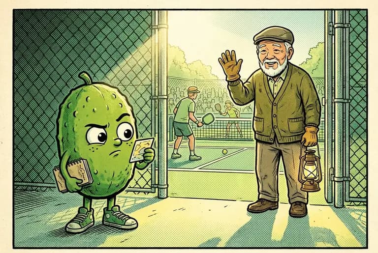 The invitation shows a little drawing of a gate, a paddle, and a sunrise; young Dill looks from the card to the far gate of the courts where the groundskeeper waves.