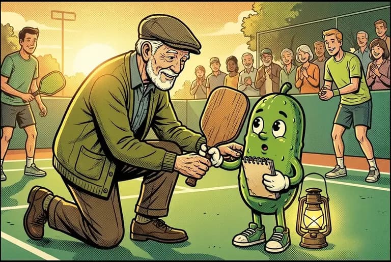 Sunrise court: the groundskeeper sets an old wooden paddle in young Dill's hands, adjusting his tiny grip with great care.