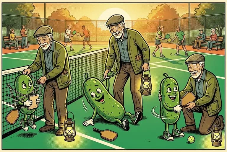 Training montage on the sunrise court: young Dill misses, tangles, faceplants — and the groundskeeper keeps gently resetting him, both starting to grin.