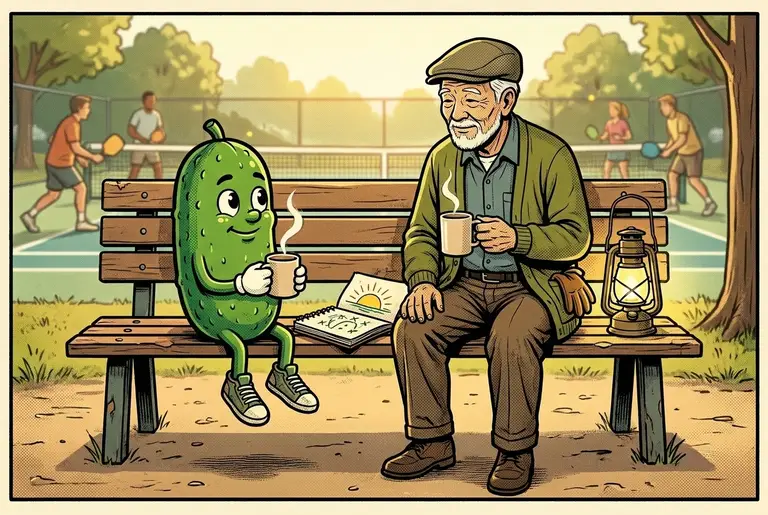 Rest break: young Dill and the groundskeeper sit on the bench with steaming cups; young Dill's notebook lies open to a fresh page titled with a small drawn sunrise.