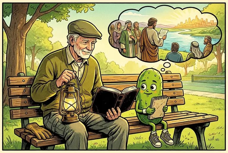 The groundskeeper's Bible open on the bench between them under morning light; a dream-cloud shows exiles by a river receiving a letter read aloud with a distant city glowing with hope.