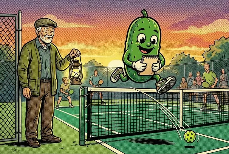The groundskeeper watches from the gate with quiet pride as young Dill lands his very first clean dink over the net, the ball dropping soft as a feather.