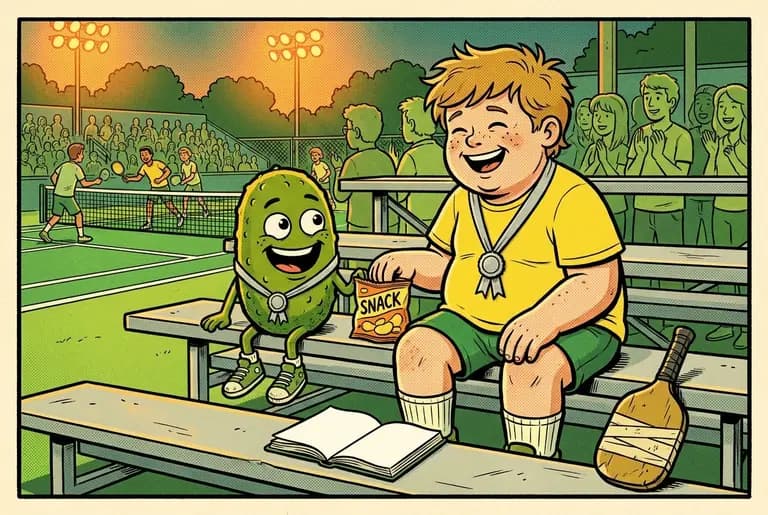Dusk on the bleachers: young Dill and Sam laughing over shared snacks with silver runner-up ribbons, while young Dill's notebook lies open to a fresh page of names instead of escape plans.
