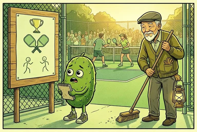 A poster board by the gate announces the Harvest Cup doubles tournament as young Dill stares at it, thrilled then horrified, while the groundskeeper sweeps nearby hiding a smile.
