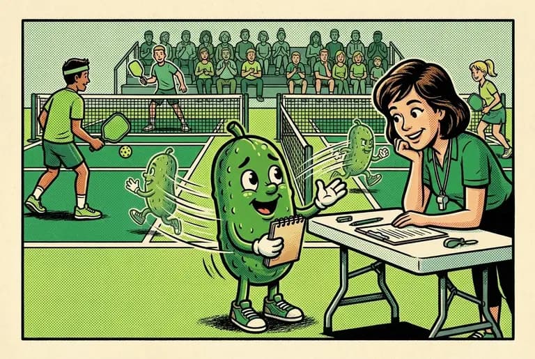 Comedy beat: young Dill at the sign-up table pleading with an amused organizer while demonstrating how fast he can run between both sides of the court.