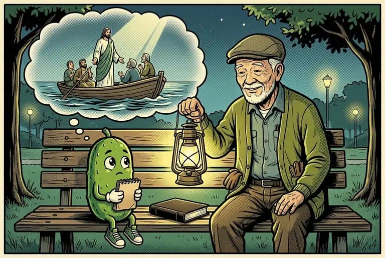 Nightfall on the bench: the groundskeeper's Bible open between him and young Dill, a dream cloud showing Jesus standing calm in a boat on a stilled sea, disciples' fear draining away.