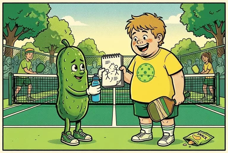 Losers' bracket morning: young Dill offers Sam the blue water bottle and an outstretched paddle handle — a formal, awkward, completely sincere apology.
