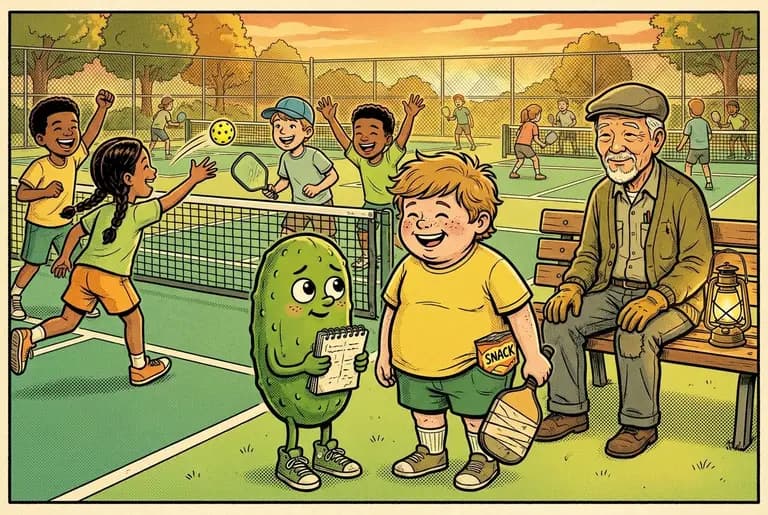 Covenant Courts alive at golden hour: teen Dill and Sam at the center of a grown crew of young players drilling, laughing, and learning together, the groundskeeper watching from his bench.