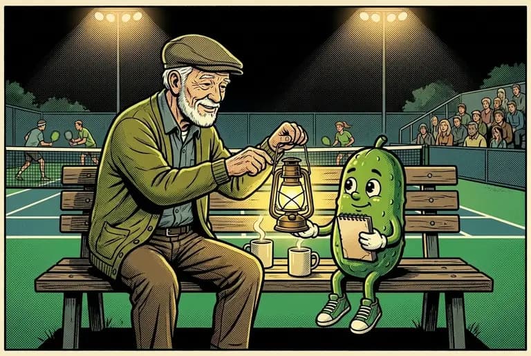 Night before the final: the groundskeeper, older and slower, hands his brass lantern to Dill on the bench, both of them quiet under the court lights.