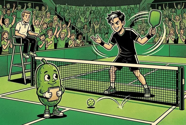 The final: Blitz smashes and taunts across the net while the referee hesitates over a line call; Dill stands calm at the kitchen line, crew and groundskeeper in the packed stands.