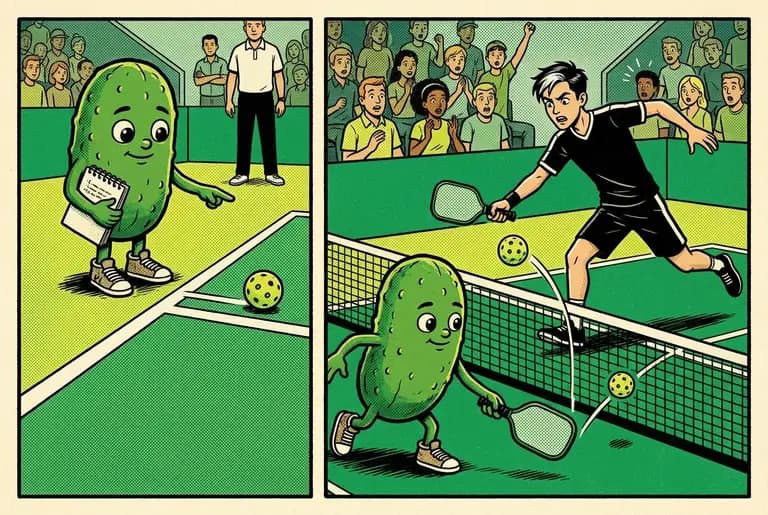 Split-action panel: Dill calls his own ball out against himself on one side, and on the other executes a perfectly disguised strategic drop shot that leaves Blitz frozen.