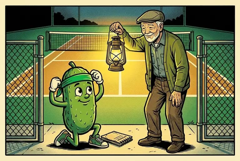 Dusk at the gate: Dill takes the rolled green headband from his pocket and ties it on for the first time, the groundskeeper holding the lantern high, both smiling.