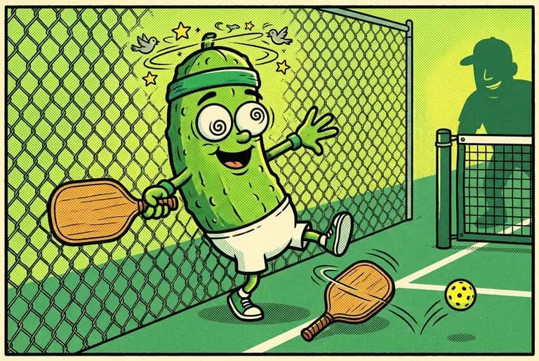 Dill stumbles dazed with stars circling his head after trying to out-smash the giant, his paddle on the ground.