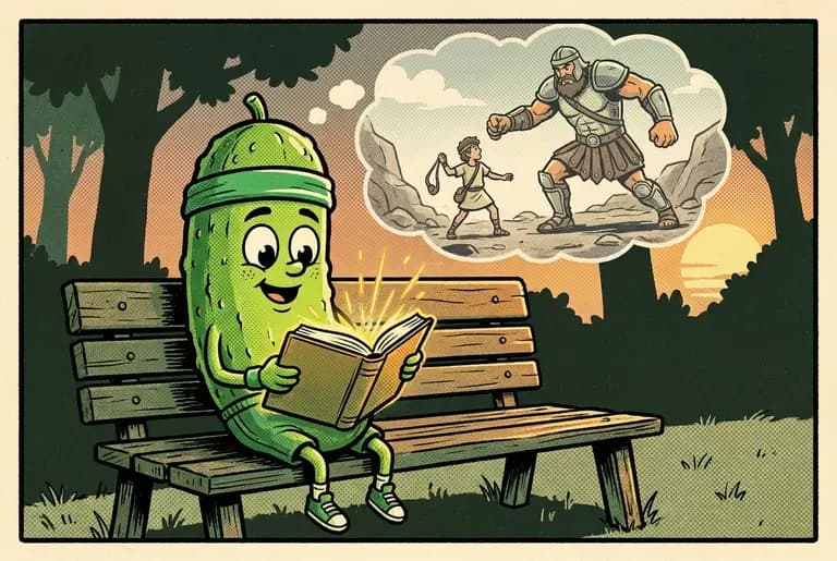 Dill reads a glowing Bible at dusk while a dream cloud shows a shepherd boy with a sling facing a giant warrior.