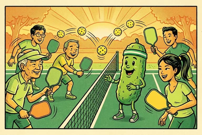 Dill and a diverse team of friends practice the softest dinks at sunrise, five balls arcing gently over the net.