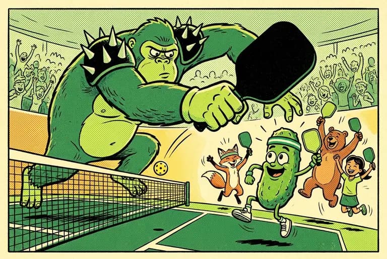 Smashzilla lunges hopelessly off-balance at a soft dink while Dill and friends leap in celebration.