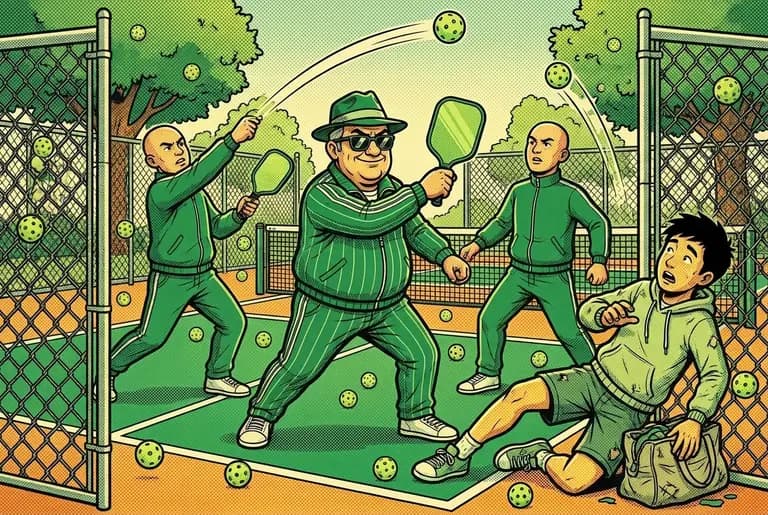 The Lobfather and two goons rain sky-high lobs over the court while a young newcomer lies knocked down by the gate.