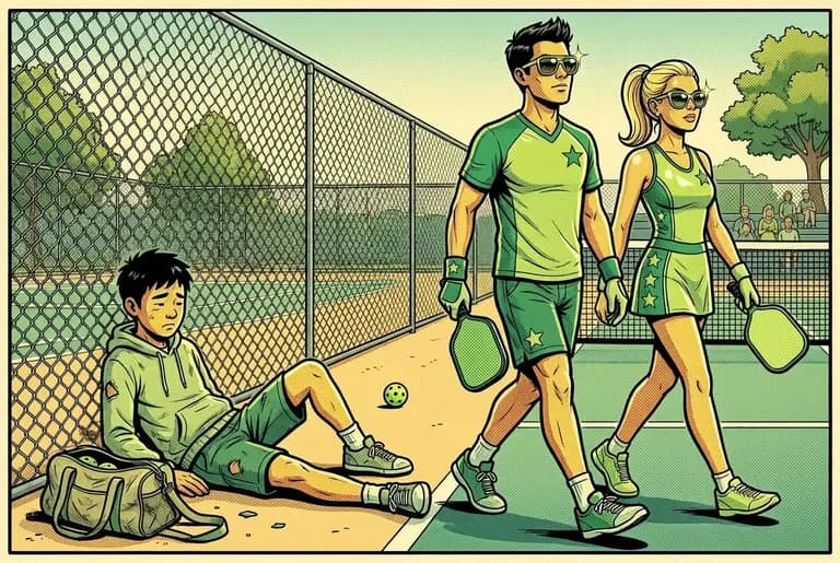 Two glamorous star players strut past the fallen newcomer without a glance.