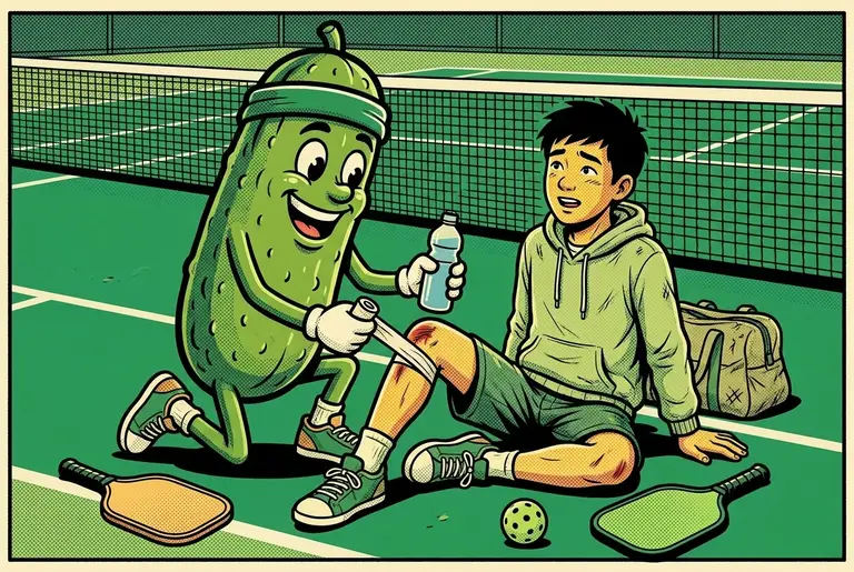 Dill kneels beside the young newcomer, wrapping a bandage around his scraped knee and offering a water bottle, paddles beside them.