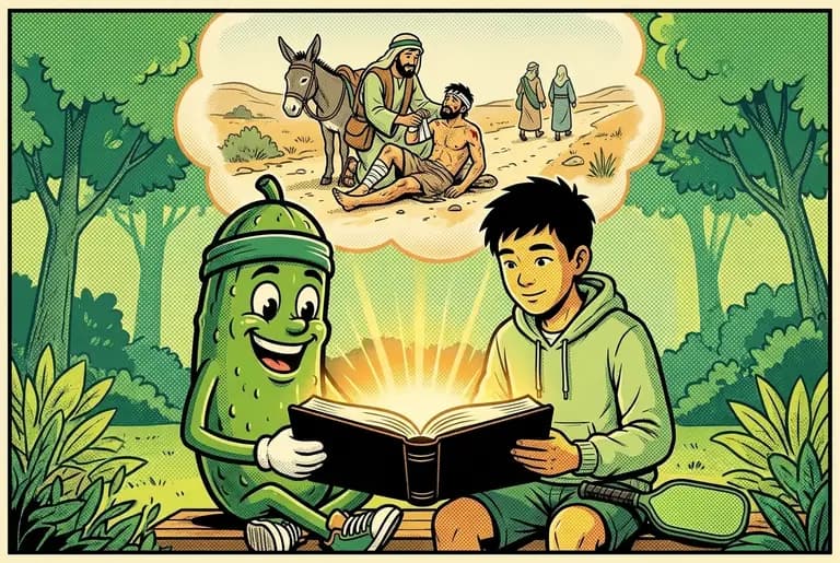 Dill and the newcomer read a glowing Bible together while a dream cloud shows a traveler bandaging a wounded man on a dusty road.