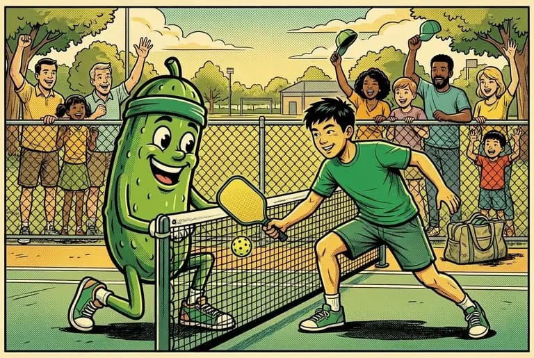 Training montage: Dill coaches the newcomer through a dinking drill at the net while friends cheer from the fence.