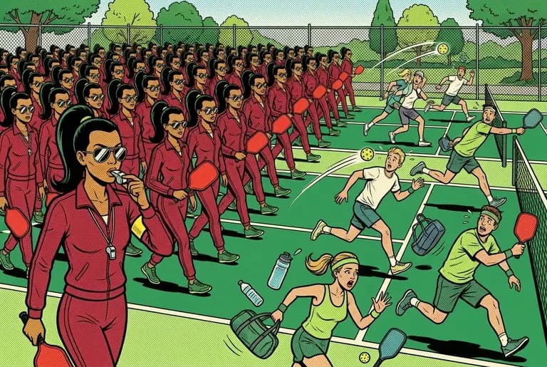Captain Riptide leads the Red Tide, a wall of crimson-clad players sweeping across the community courts as onlookers scatter.