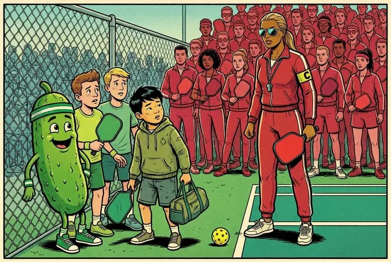 Dill, the newcomer, and friends are cornered against the fence as the Red Tide advances with paddles raised.