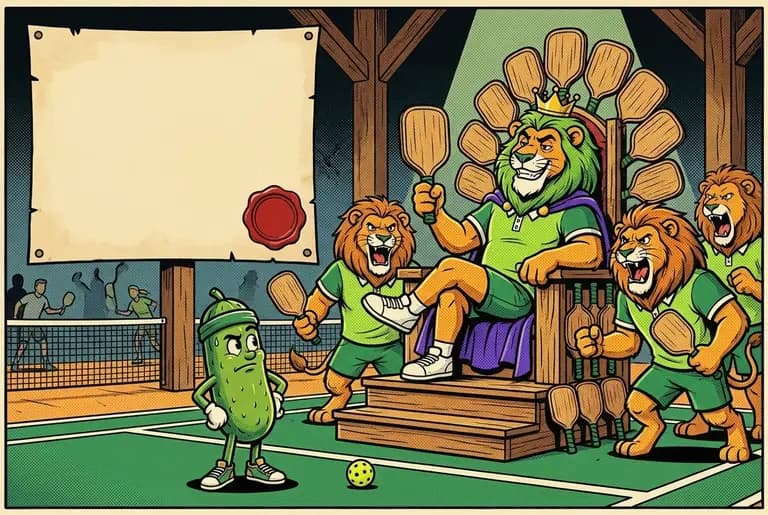King Leo the lion lounges on a throne of paddle racks inside a shadowy indoor club while his lion teammates roar and a decree hangs on the wall.