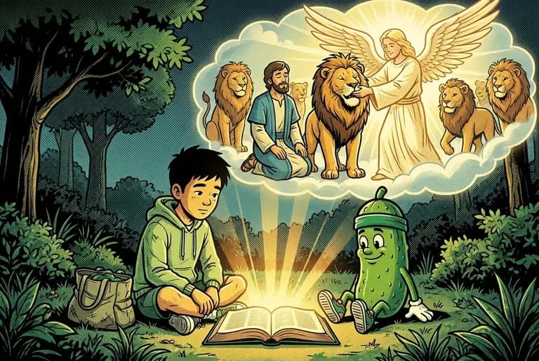 The newcomer reads a glowing Bible with Dill while a dream cloud shows Daniel kneeling calmly among lions as an angel shuts their mouths.