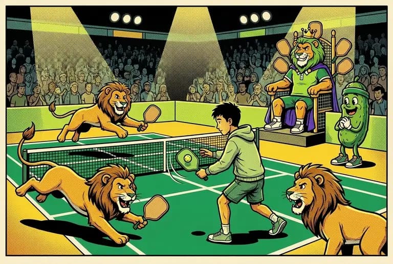 Night match inside the Den: lions circle the court while the newcomer rallies calm and steady, Dill cheering from the sideline.