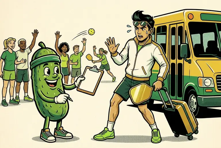 Dill invites Ace, a flashy star player with a golden paddle, to coach the beginners' clinic; Ace backs away dramatically toward a shuttle bus.