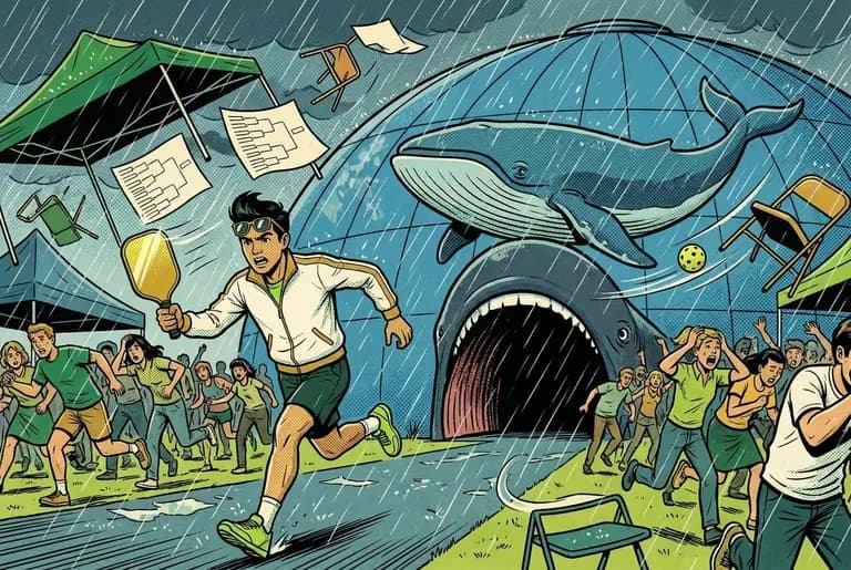 A sudden storm wrecks the fancy Tarshish Open, canopies flying, as Ace dashes for a giant blue dome gym with a whale mural and a mouth-like entrance.