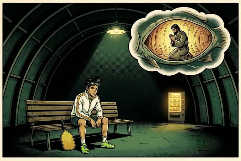 Ace sits tiny and alone in the vast dark dome under rib-like rafters while a dream cloud shows Jonah praying inside the great fish.