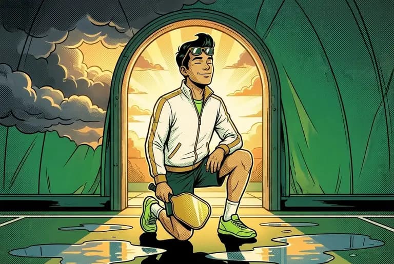 Ace kneels in the dome doorway as the storm clears to golden light, holding his golden paddle loosely and smiling with tears.